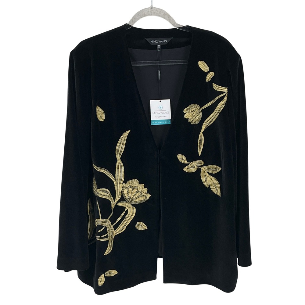 Ming Wang Velvet Embroidered Jacket Women 1X Black Gold Floral Lux Glam NEW